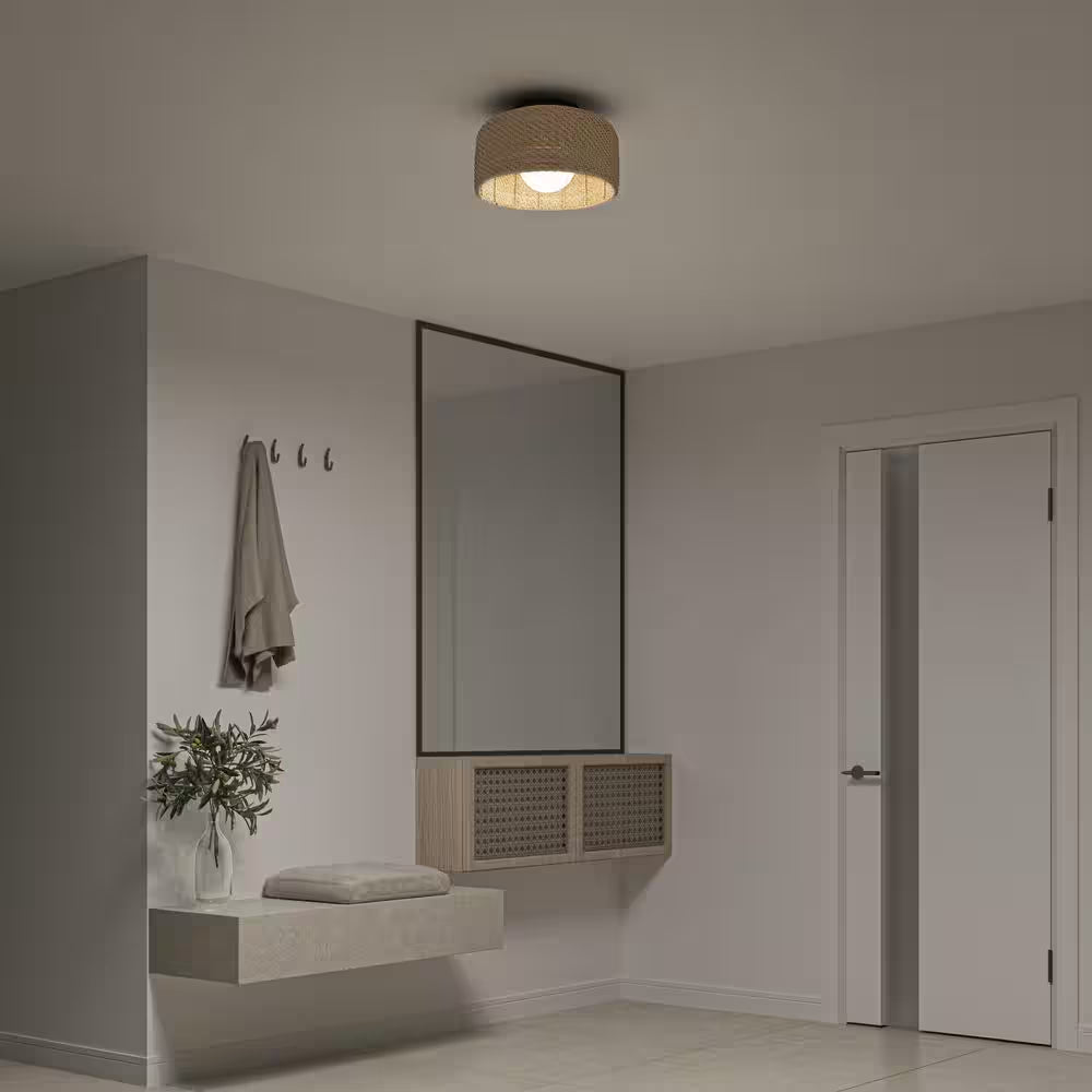 Emiko 15 In. 1 Light Black and Rattan 5CCT Integrated Selectable LED Flush Mount Ceiling Light