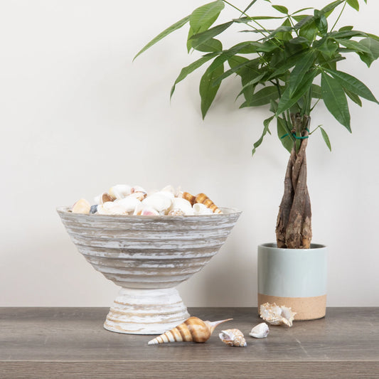Boho Wood Pedestal Serving Bowl, White Wash Finish