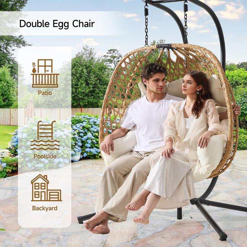 ONBRILL Double Hanging Egg Chair with Stand, Bohemian Knot Style Hammock Swing Chair, Foldable Basket & Denser Weaves, 650 Lbs Capacity Loveseat with UV Resistant Cushion for Patio, Backyard【Holidayhaul】