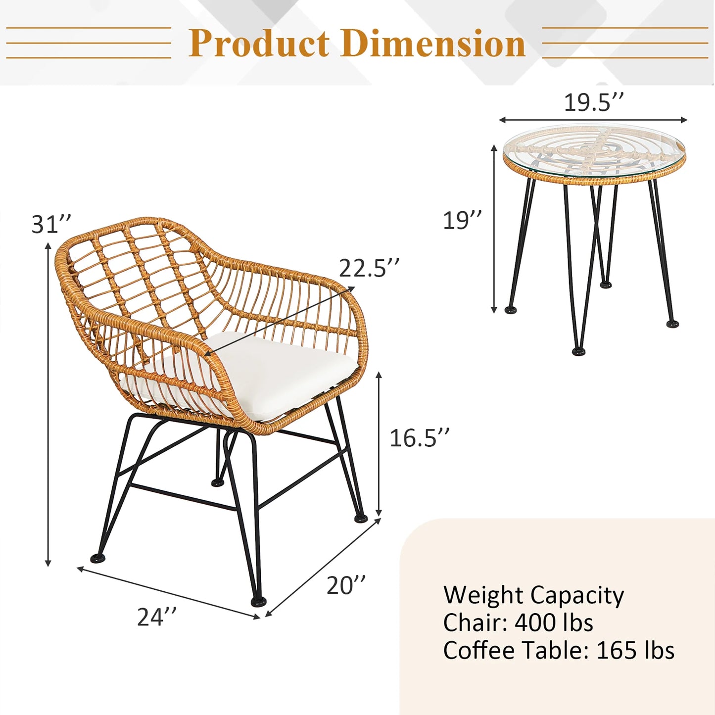 3PCS Patio Rattan Bistro Furniture Set Cushioned Chair Table White