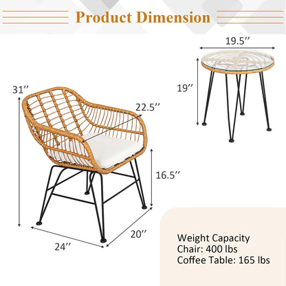 3PCS Patio Rattan Bistro Furniture Set Cushioned Chair Table White