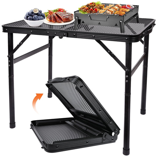 Lightweight Folding Grill Table with Mesh Desktop, Camping Table Folding Portable Camp Aluminum ,Picnic, Backyard, BBQ, Patio, Black