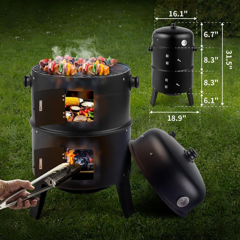 Smoker Carbon Grill, Portable Charcoal BBQ Barrel Grill with Thermometer, Iron Spray Adjustable Vent, for Camping, Backyard, Beach Parties