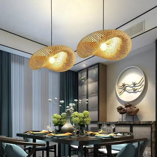 Bamboo Hand Weaving Pendant Lights 36Cm Hanging LED Ceiling Lamp Chandelier Fixture Rattan Hand Craft Woven Home Bedroom Decor