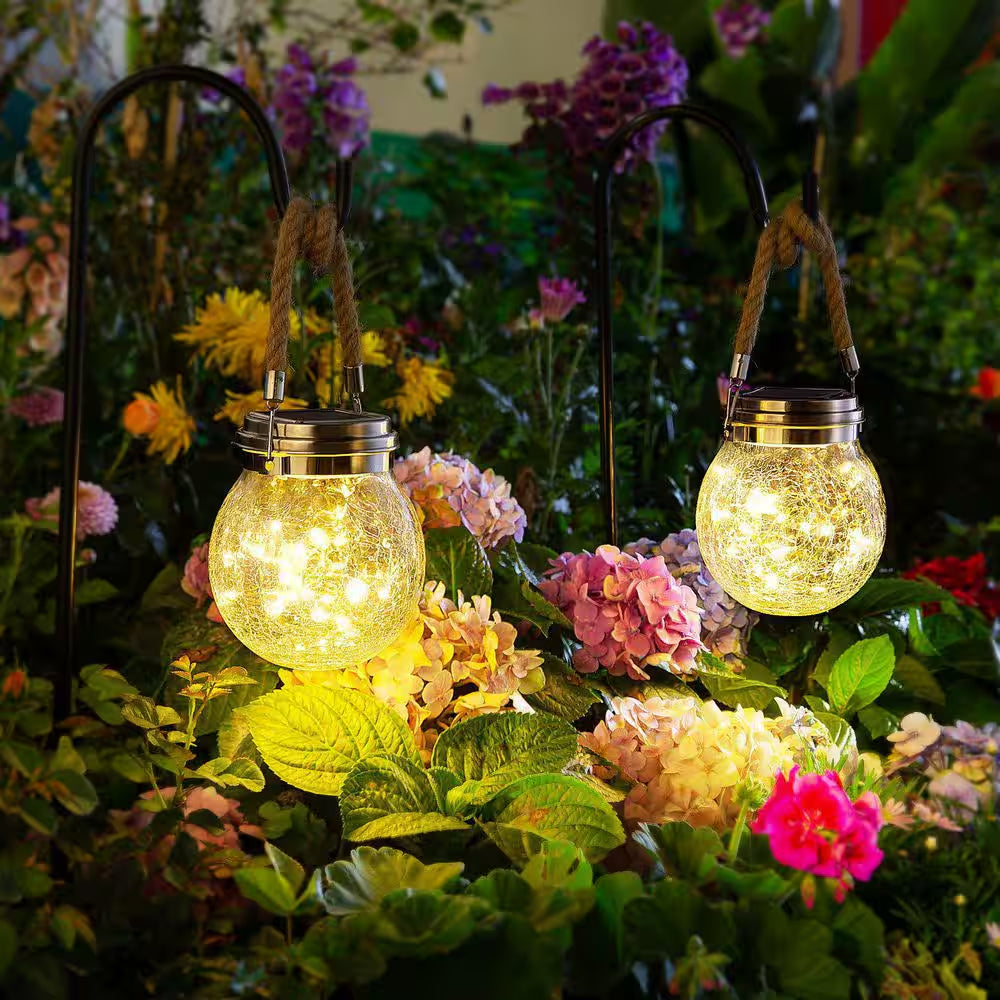 2 Pack Solar Lantern Crackle Glass Ball, Garden Hanging Solar Lights Outdoor Waterproof Lanterns with 30 Warm White LED.