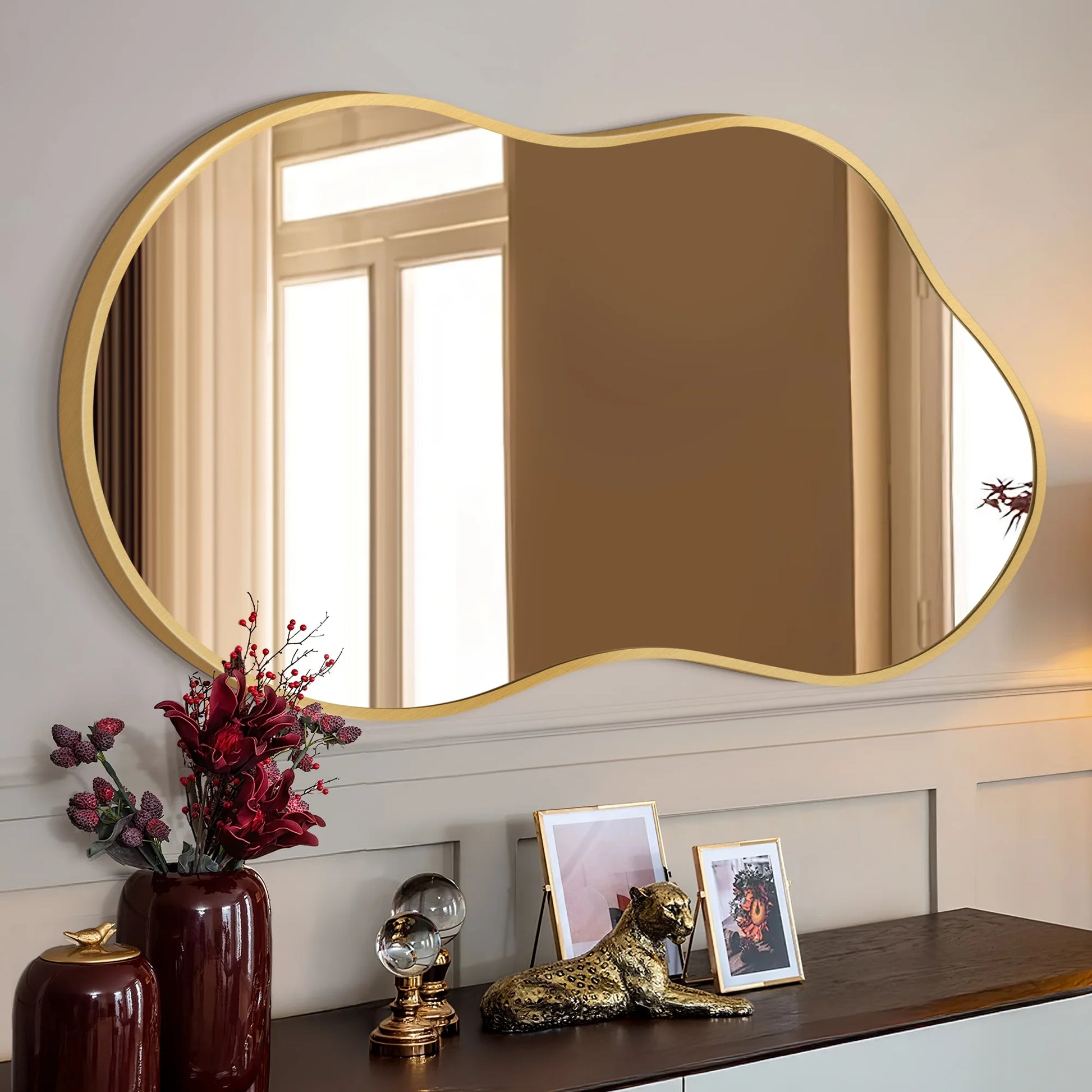 Irregular Wall Mirror 46"X26" Cloud Shaped Mirrors for Bathroom, Gold Aluminum Alloy Frame
