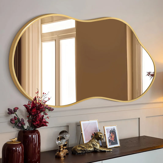 Irregular Wall Mirror 46"X26" Cloud Shaped Mirrors for Bathroom, Gold Aluminum Alloy Frame
