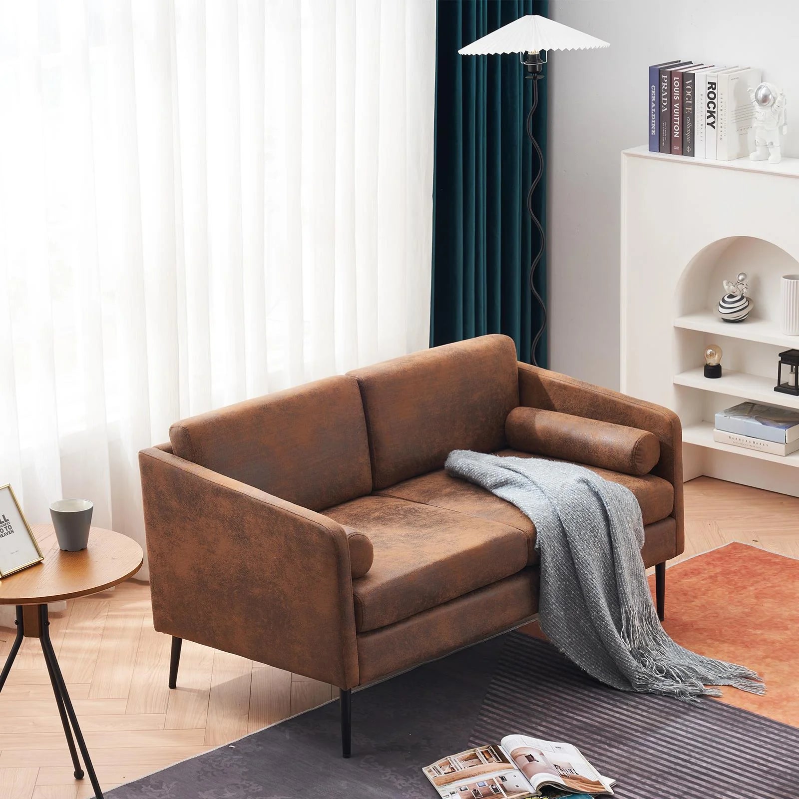 52" Fabric Square Arm Loveseat, 2-Seat Love Seat Sofa Chair, Small Modern Couch with Bronzing Cloth Brown