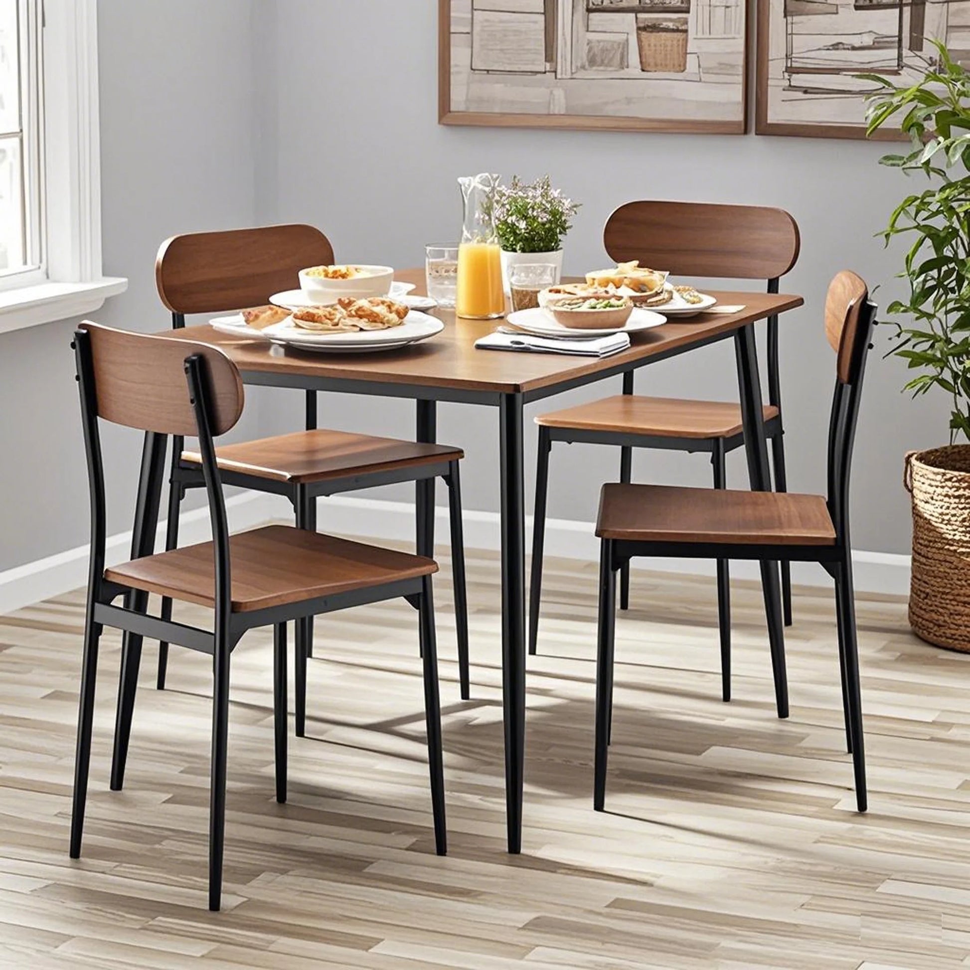 5-Piece Modern Wood & Metal Dining Room Set, Seats 4 for Indoor, Walnut Color