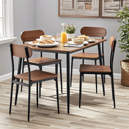 5-Piece Modern Wood & Metal Dining Room Set, Seats 4 for Indoor, Walnut Color