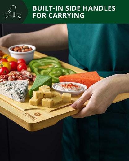 Wooden Cutting Boards for Kitchen Meal Prep & Serving - Bamboo Wood Serving Board Set with Deep Juice Groove Side Handles - Charcuterie & Chopping Butcher Block for Meat