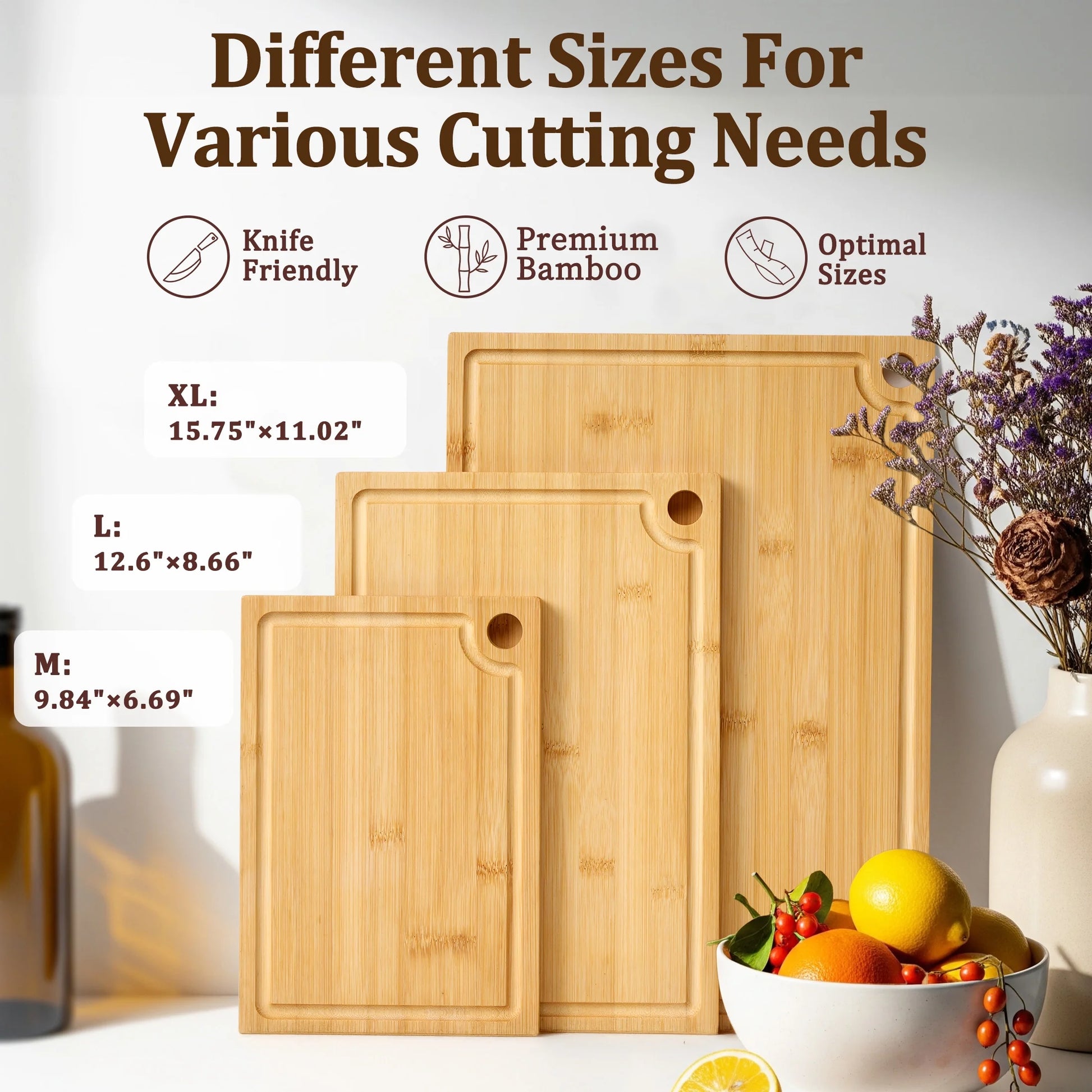 Bamboo Cutting Board, 3 Pcs Cutting Board with 3 Hooks, Wood Chopping Boards for Kitchen, Deep Juice Groove for Vegetables and Meat