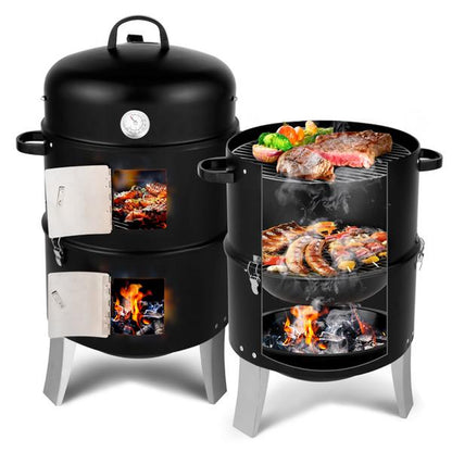 Smoker Carbon Grill, Portable Charcoal BBQ Barrel Grill with Thermometer, Iron Spray Adjustable Vent, for Camping, Backyard, Beach Parties