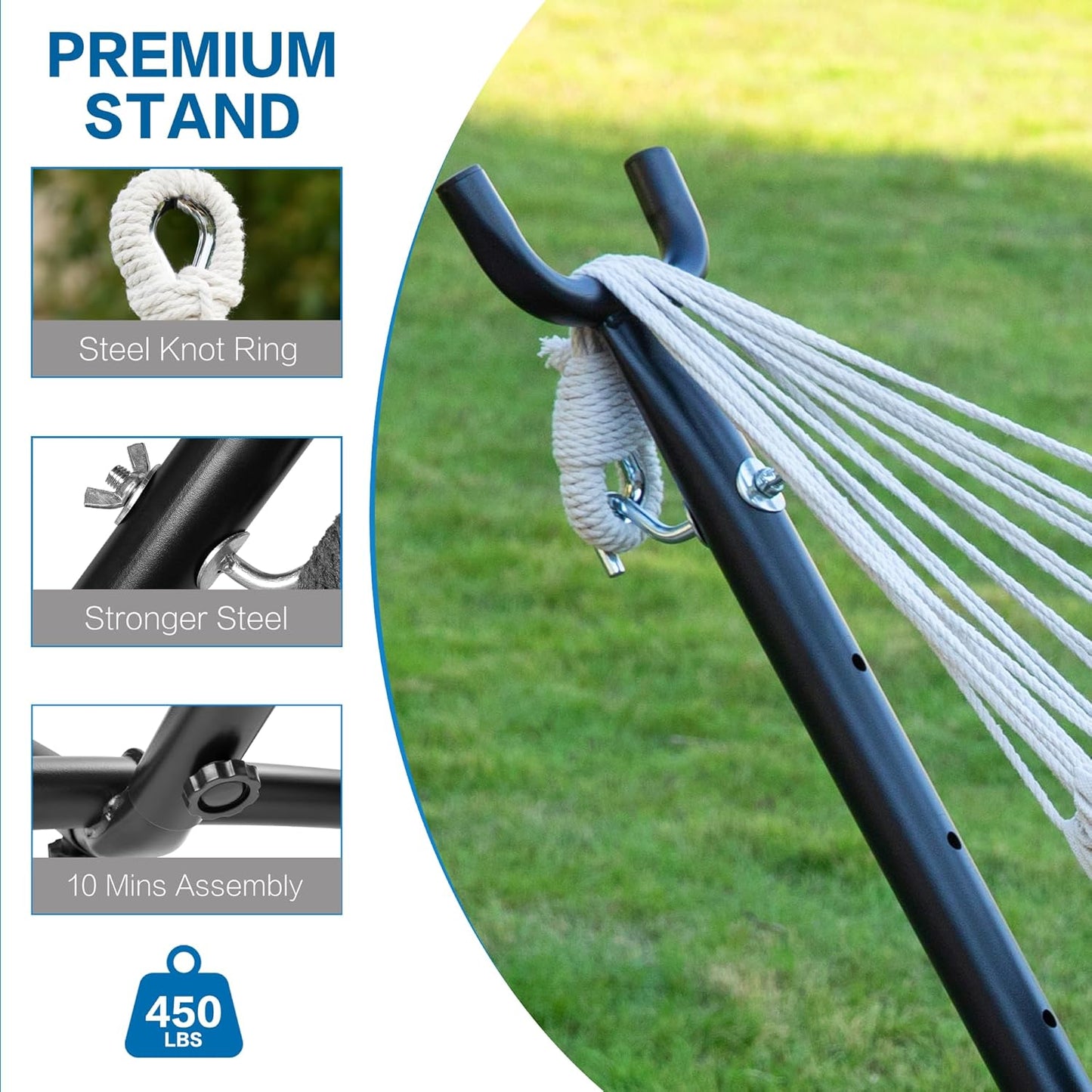 Double Hammocks with Stand for Outside, Portable Space Saving Heavy-Duty Steel Stand for Indoor Outdoor Patio with Sidebag, 450 Lbs Capacity (Blue)