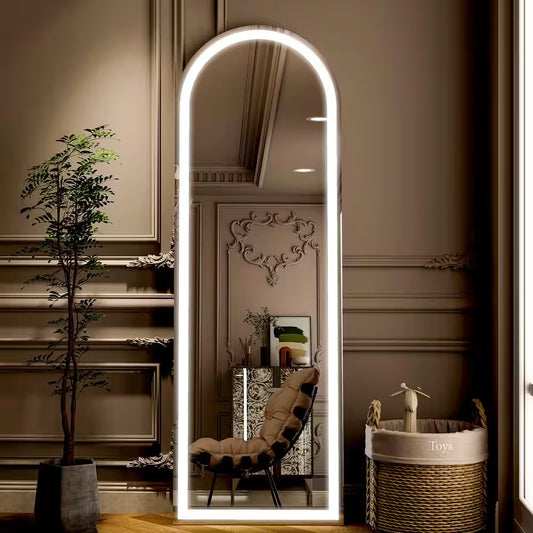 20 In. W X 63 In. H LED Light Arched White Aluminum Alloy Framed Rounded Full Length Mirror Floor Mirror