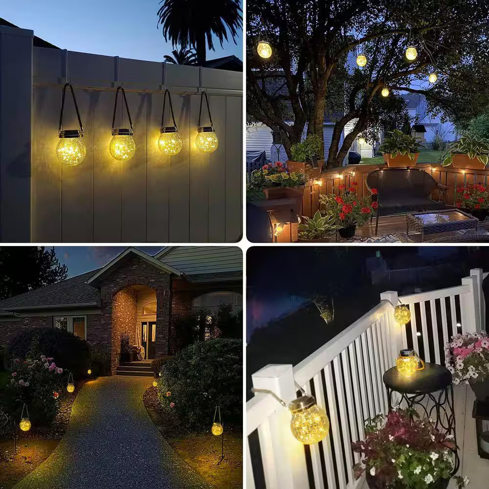 2 Pack Solar Lantern Crackle Glass Ball, Garden Hanging Solar Lights Outdoor Waterproof Lanterns with 30 Warm White LED.