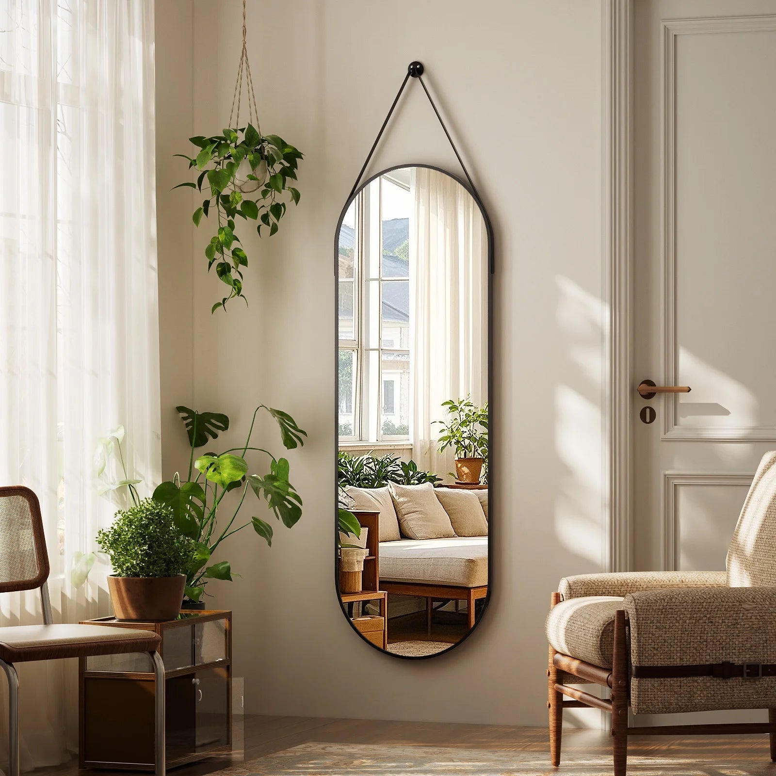 48" X 16" Full Length Mirror Oval Hanging Wall Mirror with Leather Strap,Black