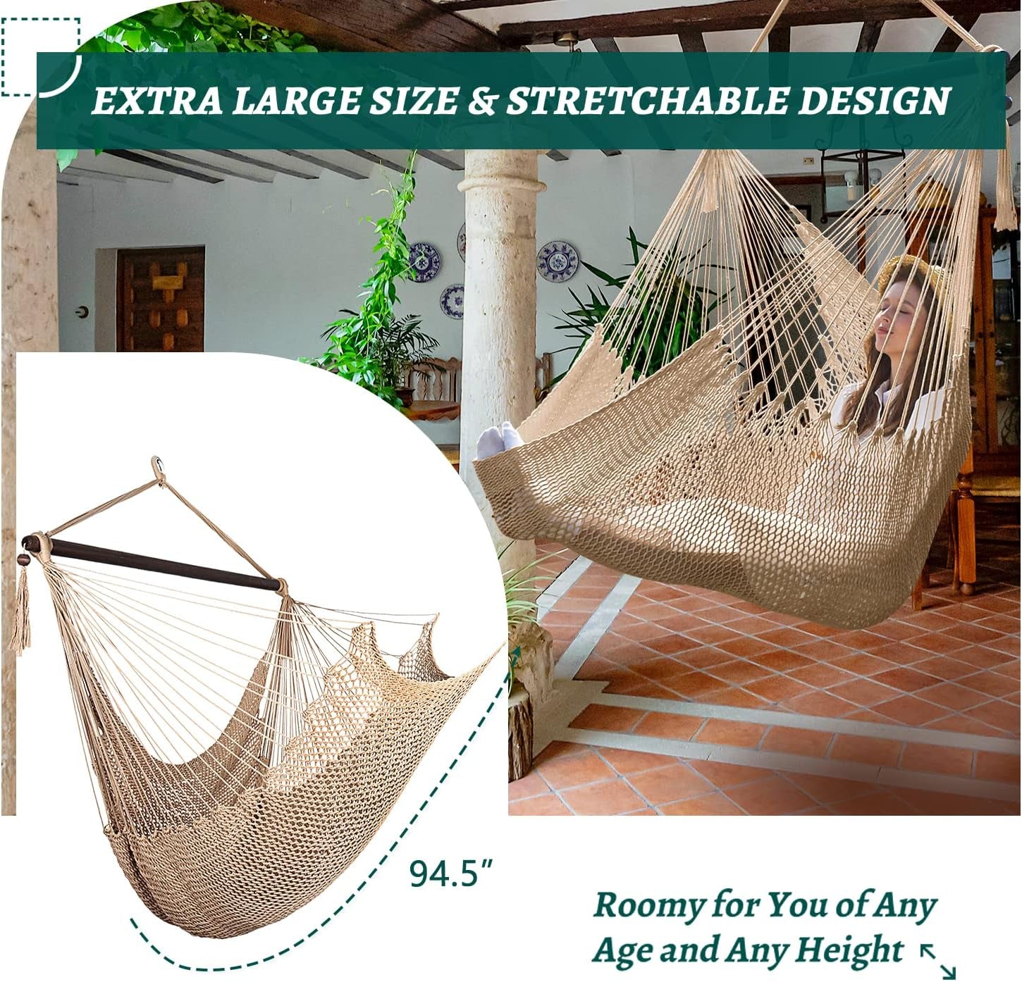Large Hammock Chair with Spreader Bar, Caribbean Hammock Swing Chair, XL Hammock Chair Outdoor Indoor, 330 LBS Weight Capacity, Light Brown