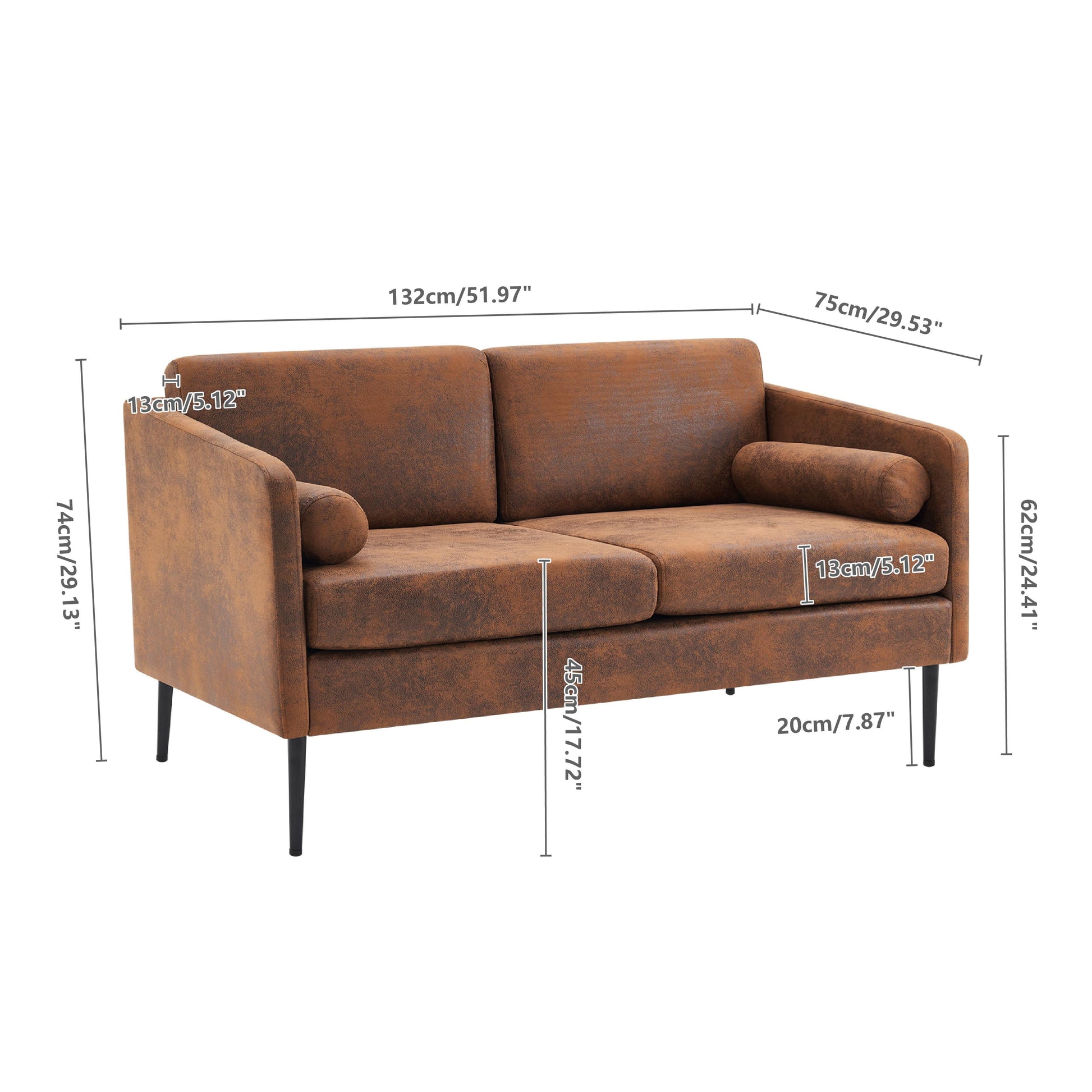 52" Fabric Square Arm Loveseat, 2-Seat Love Seat Sofa Chair, Small Modern Couch with Bronzing Cloth Brown