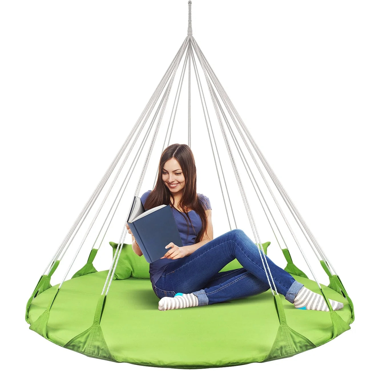 Hanging Swing Nest with Pillow, Double Hammock Daybed Saucer Style Lounger Swing, 264 Pound Capacity Green