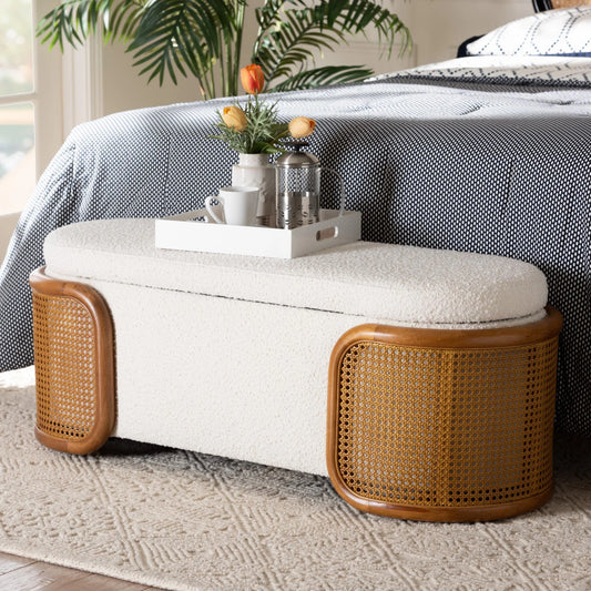 Basira Japandi Cream Boucle Fabric Storage Bench with Woven Rattan