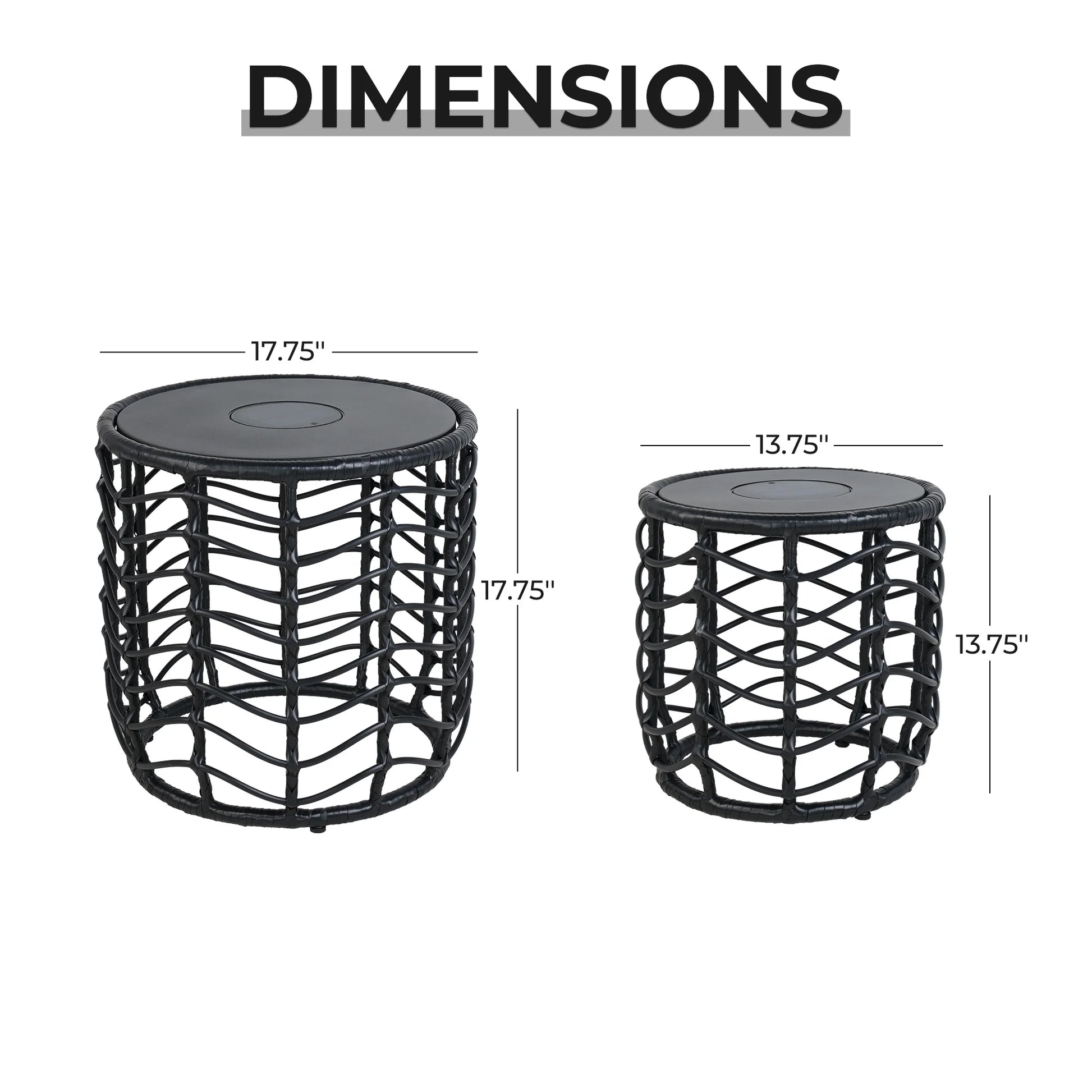 Outdoor Modern Boho Style Wave Wicker End Tables,Built-In Solar Lights, Black (Set of 2)