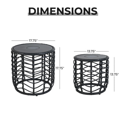 Outdoor Modern Boho Style Wave Wicker End Tables,Built-In Solar Lights, Black (Set of 2)