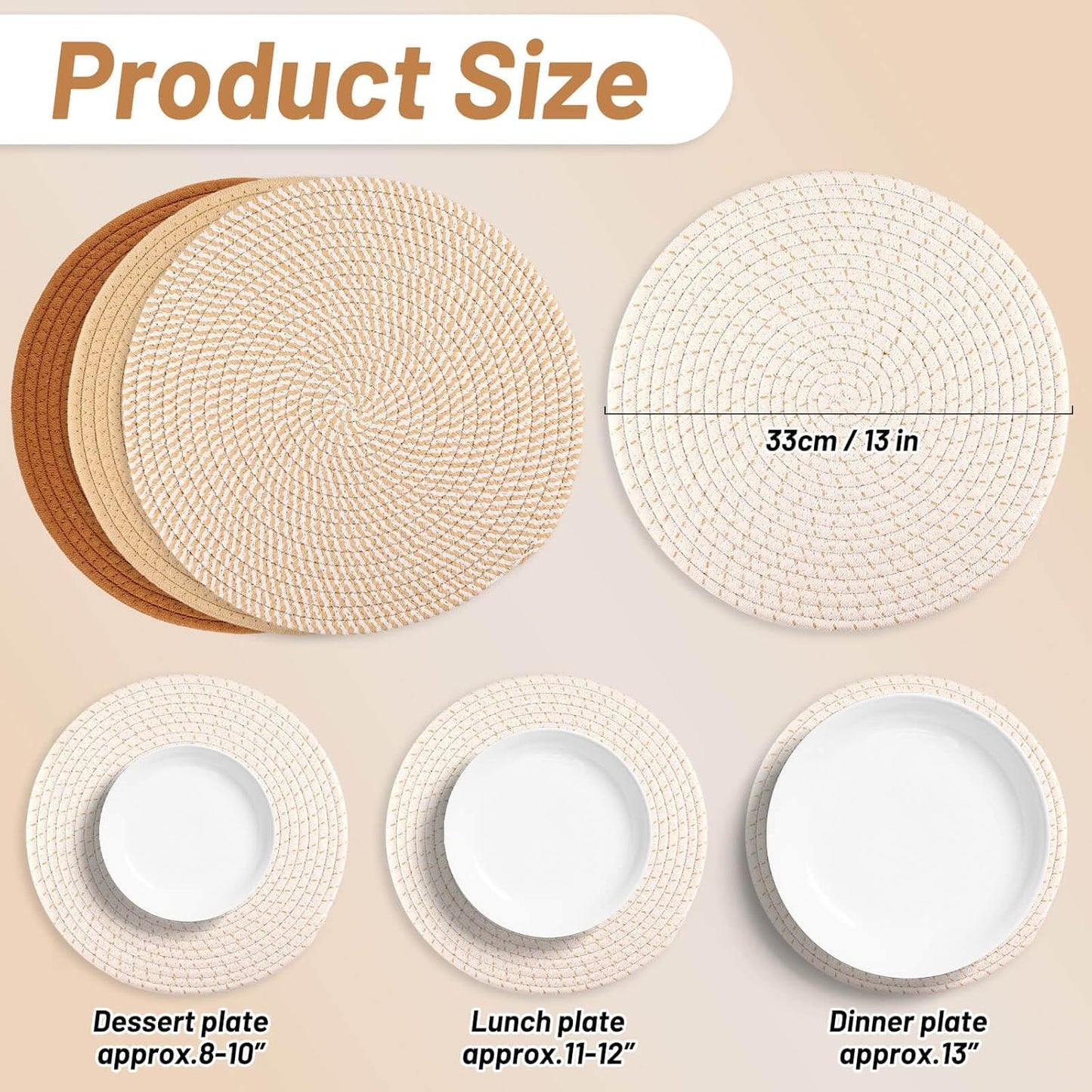 Set of 4 round Woven Placemats, 13-Inch Boho Table Decor for Dining