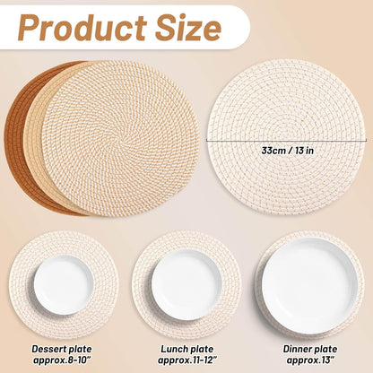 Set of 4 round Woven Placemats, 13-Inch Boho Table Decor for Dining