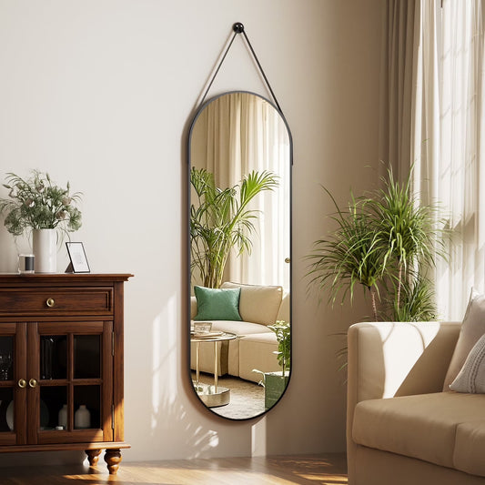 48" X 16" Full Length Mirror Oval Hanging Wall Mirror with Leather Strap,Black