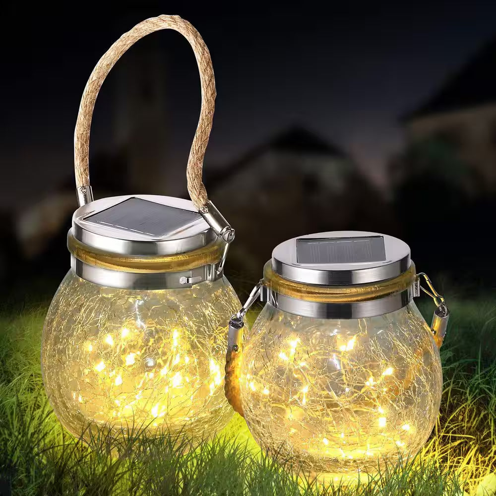 2 Pack Solar Lantern Crackle Glass Ball, Garden Hanging Solar Lights Outdoor Waterproof Lanterns with 30 Warm White LED.