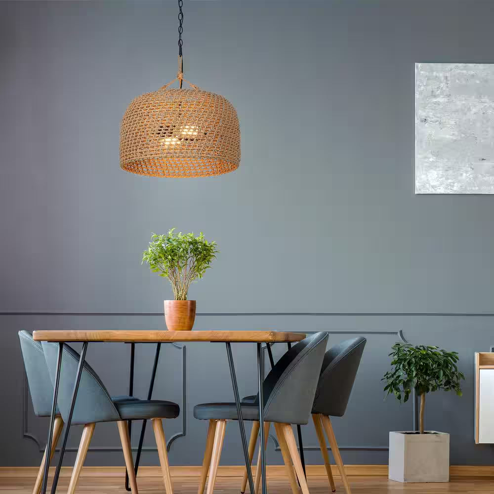Summerpoint 120-Watt 2-Light Black Shaded Pendant Light with Natural Woven Shade, No Bulbs Included