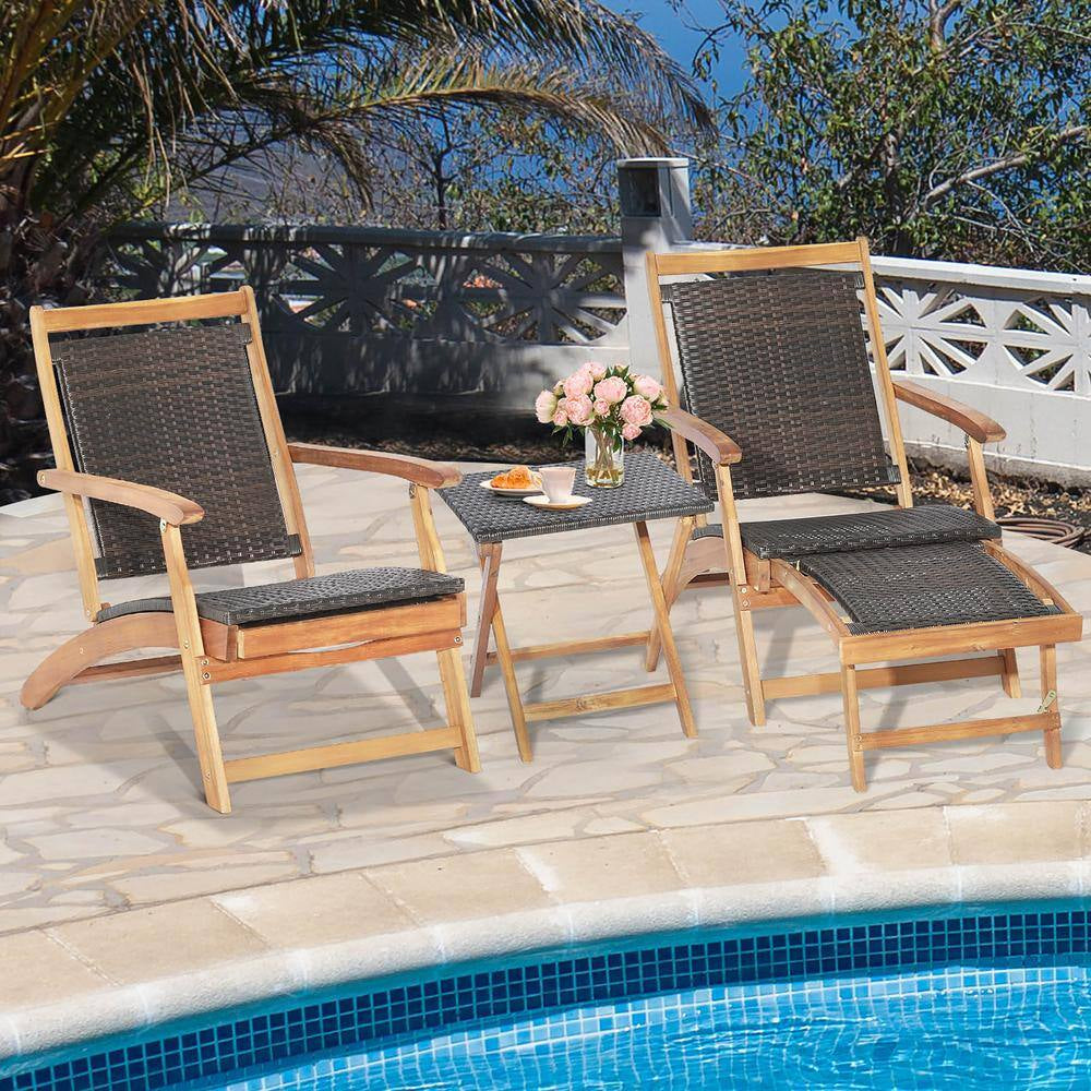 4-Piece Wicker Patio Conversation Set Rattan Folding Lounge Chair Table with Retractable Footrest