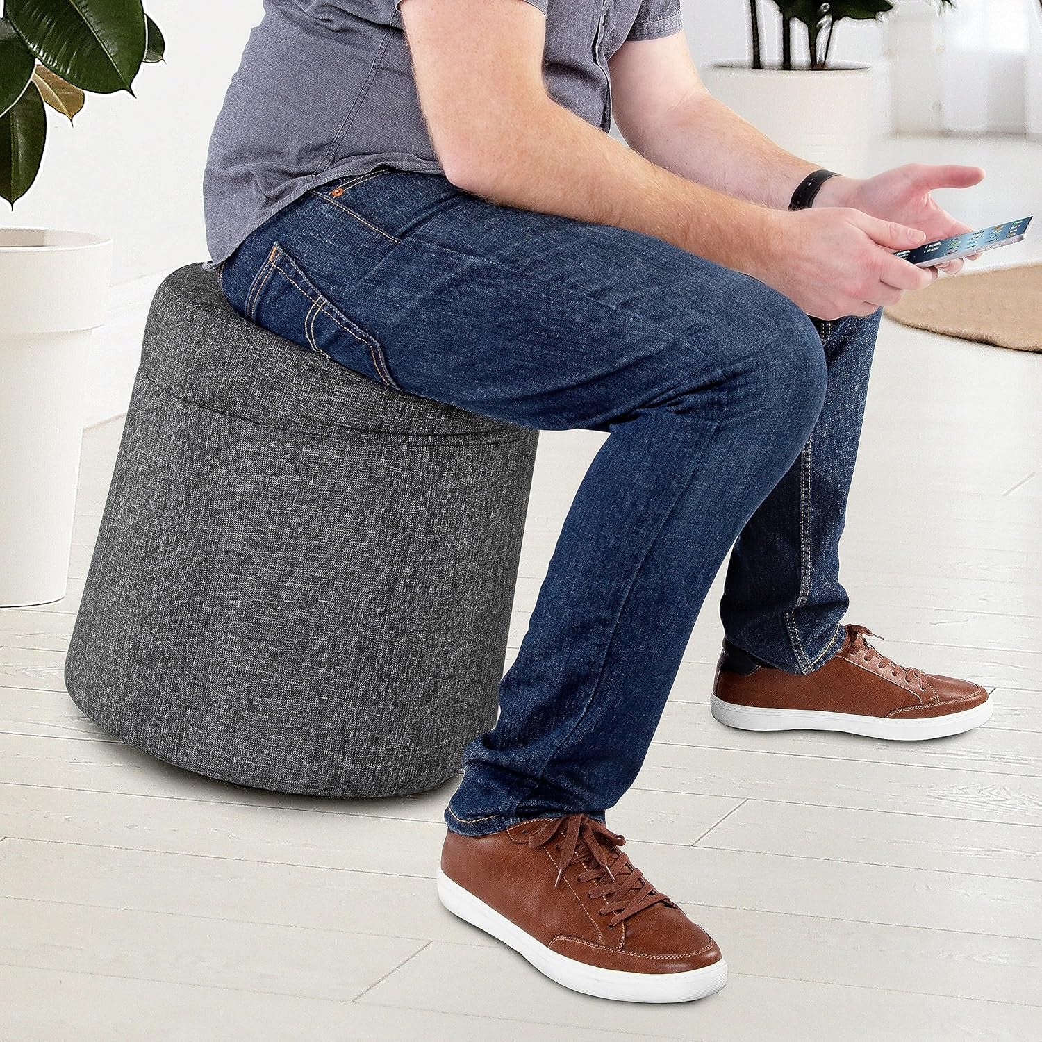 Cushioned Fabric Ottoman Hidden Storage Chest Footrest Chair, Padded Seat for Bedroom, Dorm, Loft, Living Room, Entryway, Hallway, Modern Gray, 15.6" Wobble
