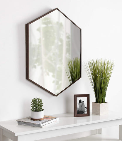 Rhodes Mid-Century Modern Hexagon Wall Mirror, Walnut Brown, 31X22-Inches