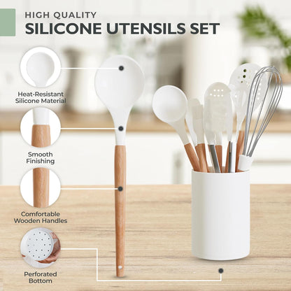 Silicone Cooking Utensils Set White–11Pcs Silicone Spatula Sets for Cooking | Kitchenware Set, Bpa-Free Kitchen Utensils Set, White Spatula Set | Non Toxic Cooking Utensils Set with Utensil Holder