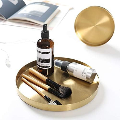 Round Gold Tray Stainless Steel Jewelry, Make Up, Candle Plate Decorative Tray (7 Inches)