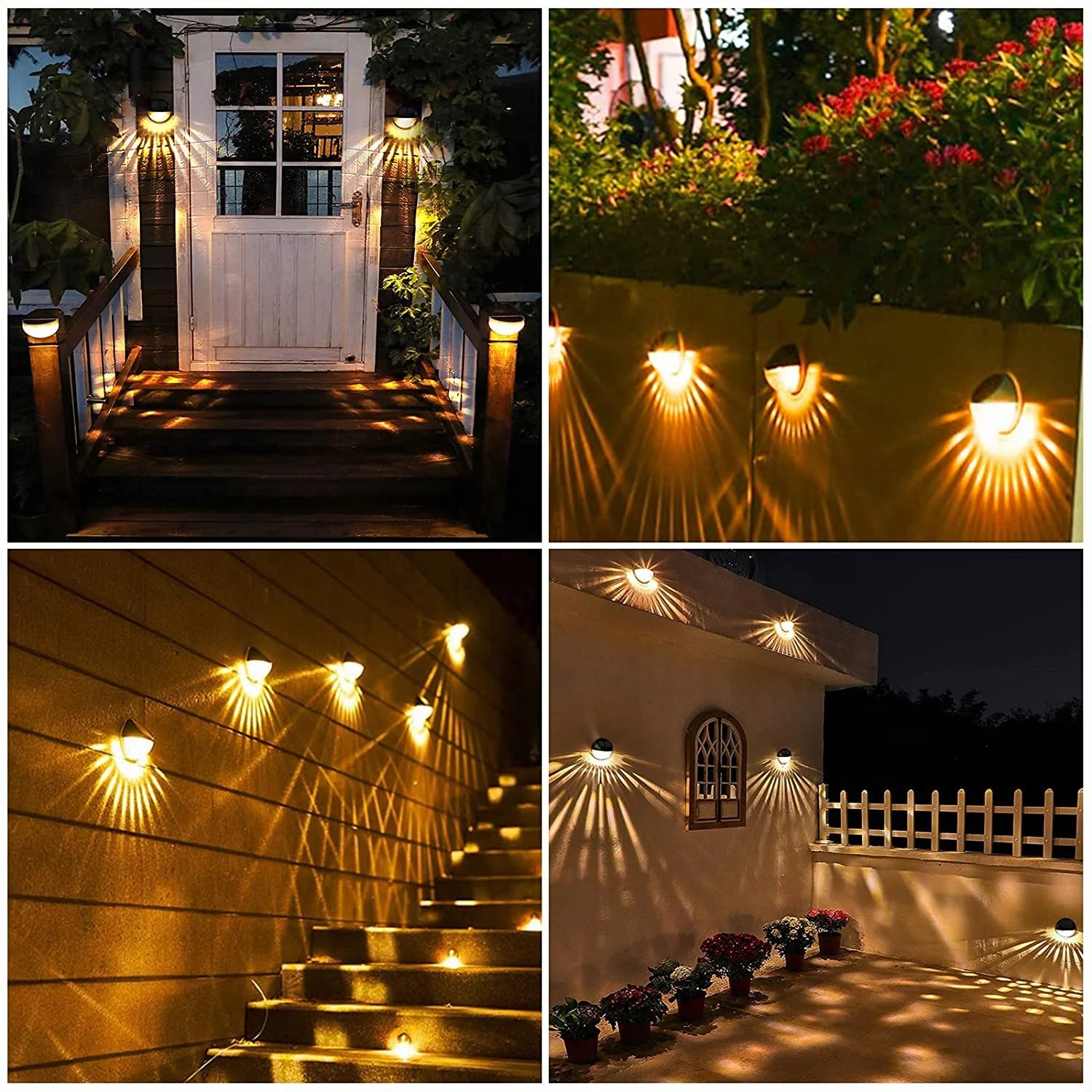 Solar Fence Lights,  4 Pack LED Solar Wall Lights Outdoor, IP65 Waterproof Solar Deck Lights for Wall Deck Post Patio Yard Stairway Path Porch, Warm White