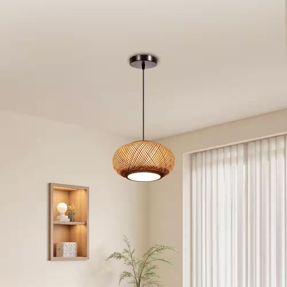 15.7 In. 1-Light Vintage Bamboo Rattan Lantern Pendant Light with Hand-Woven Bamboo Shade