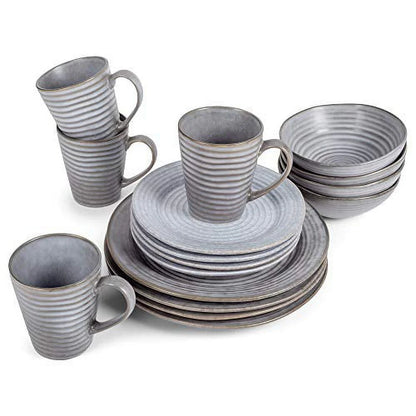 Modern Chic Ribbed Ceramic Stoneware Dinnerware 16 Piece Set - Service for 4, Slate Grey