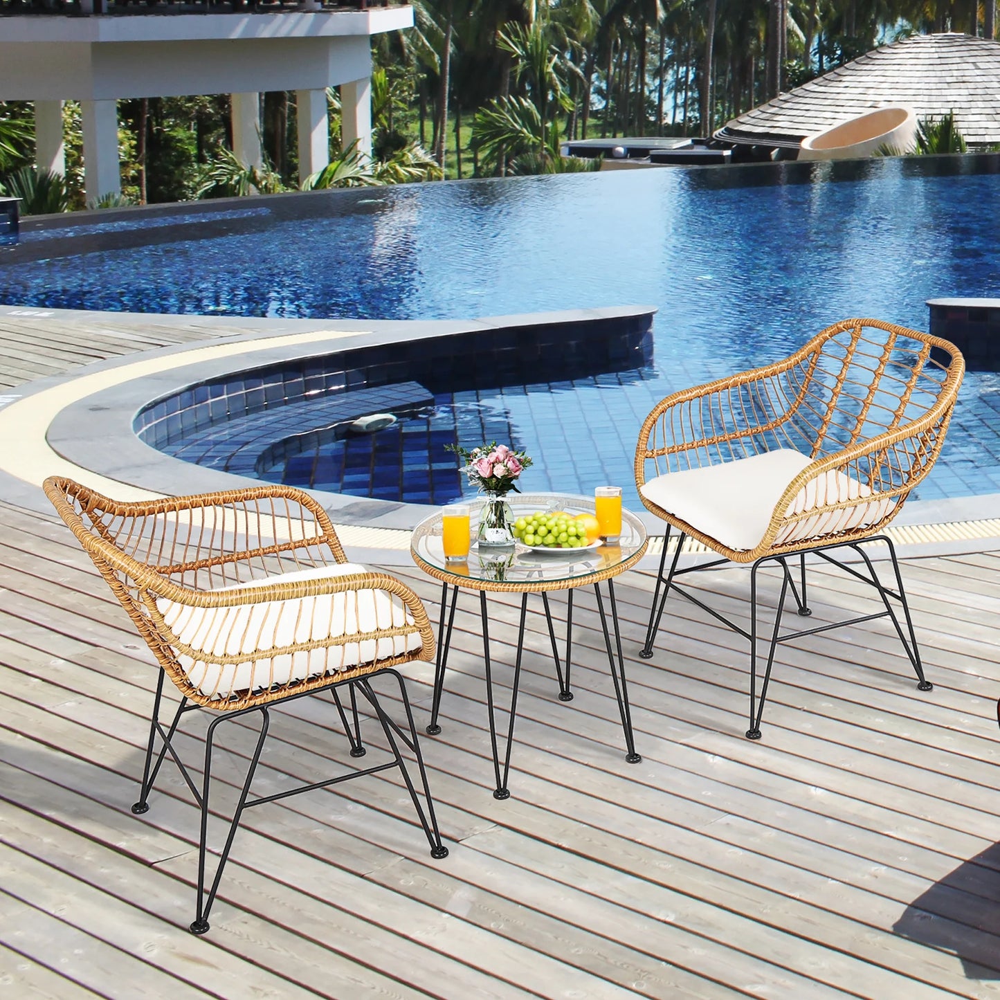 3PCS Patio Rattan Bistro Furniture Set Cushioned Chair Table White