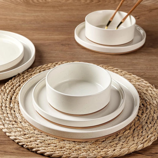 Ceramic Dinnerware Set for 6 | Speckled Stoneware Plates and Bowls with Unglazed Terracotta | Scratch Resistant, Dishwasher & Microwave Safe ,Service for 6 Dishes Set(18Pcs),Beige