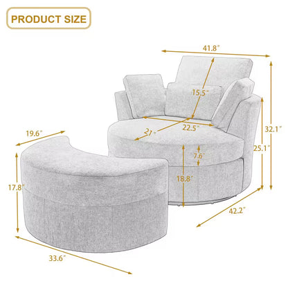Beige Chenille Upholstered Swivel Accent Barrel Chair with Storage Ottoman and Pillows (Set of 1)