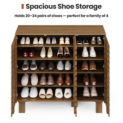 47" Wide Shoe Cabinet with Drawers and Adjustable Shelves, Entryway Shoe Storage Organizer with Louvered Doors, Japandi Brutalist Walnut Grid Design, Fits 20–24 Pairs