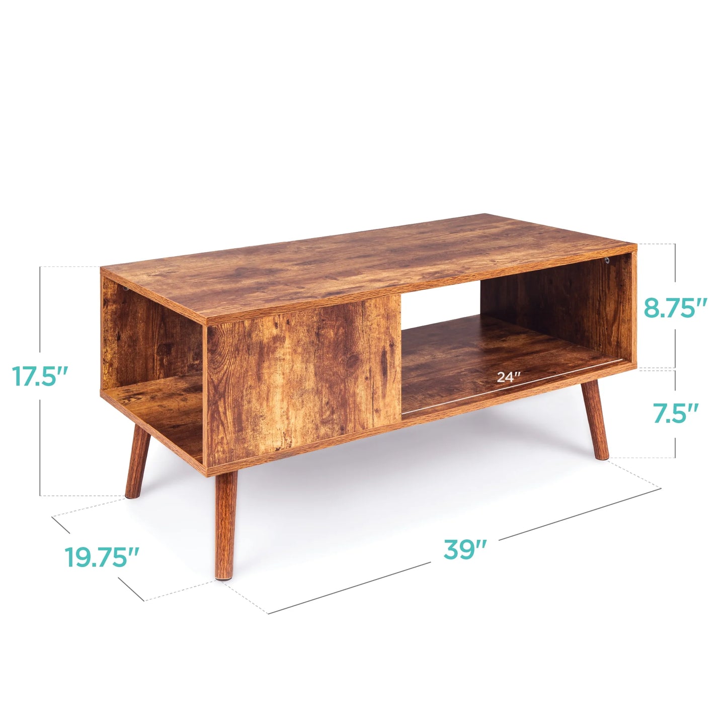 Wooden Mid-Century Modern Coffee Accent Table Furniture W/ Open Storage Shelf - Brown
