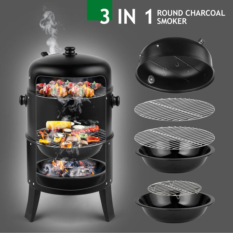 Smoker Carbon Grill, Portable Charcoal BBQ Barrel Grill with Thermometer, Iron Spray Adjustable Vent, for Camping, Backyard, Beach Parties