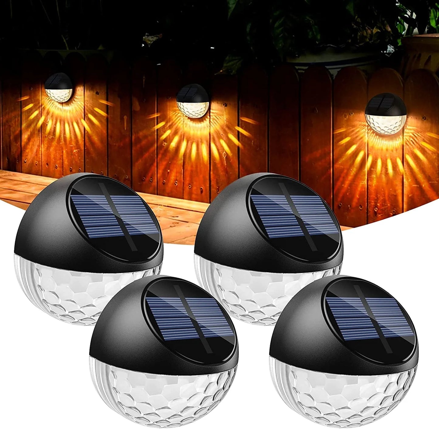 Solar Fence Lights,  4 Pack LED Solar Wall Lights Outdoor, IP65 Waterproof Solar Deck Lights for Wall Deck Post Patio Yard Stairway Path Porch, Warm White