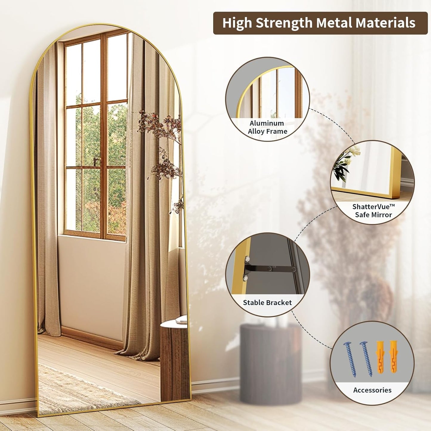 56" X21 Arched Full Length Mirror Floor Mirrors with Aluminum Alloy Frame Free-S