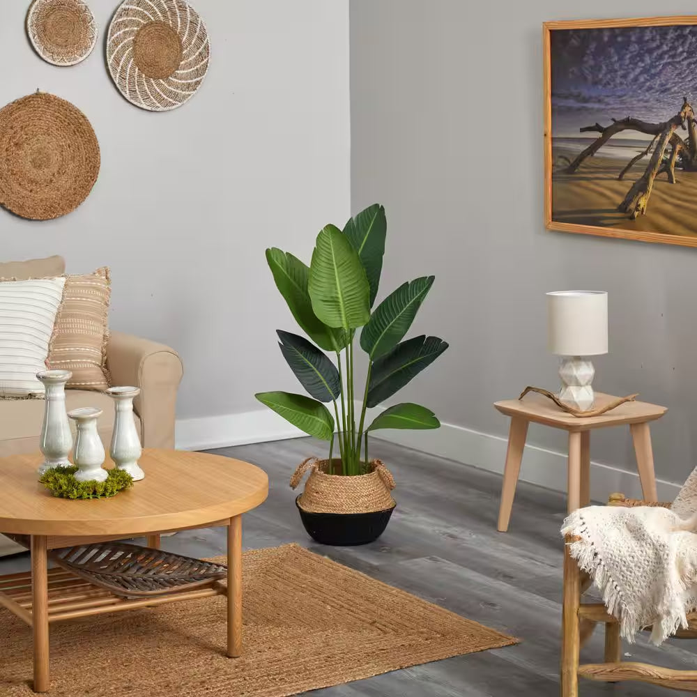 4 Ft. Green Travelers Palm Artificial Tree in Boho Chic Handmade Cotton & Jute Black Woven Planter