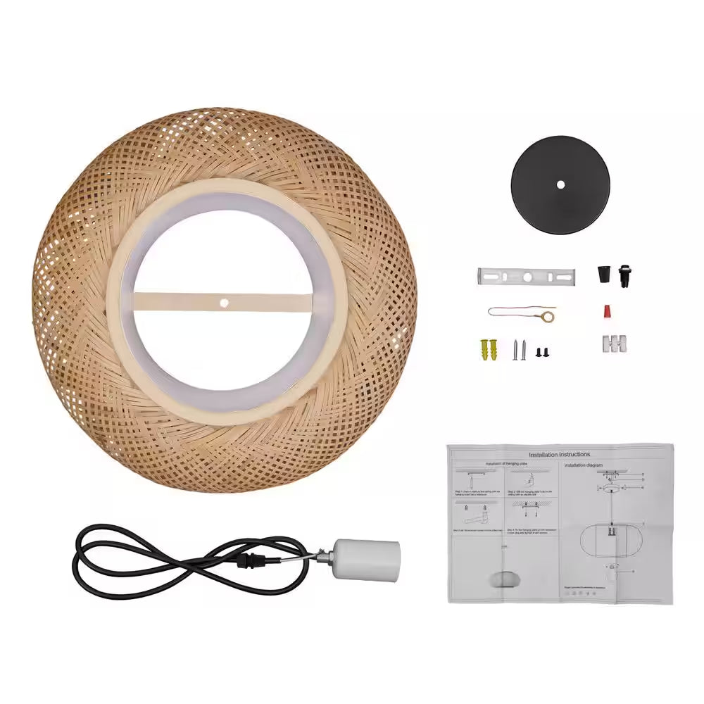 15.7 In. 1-Light Vintage Bamboo Rattan Lantern Pendant Light with Hand-Woven Bamboo Shade